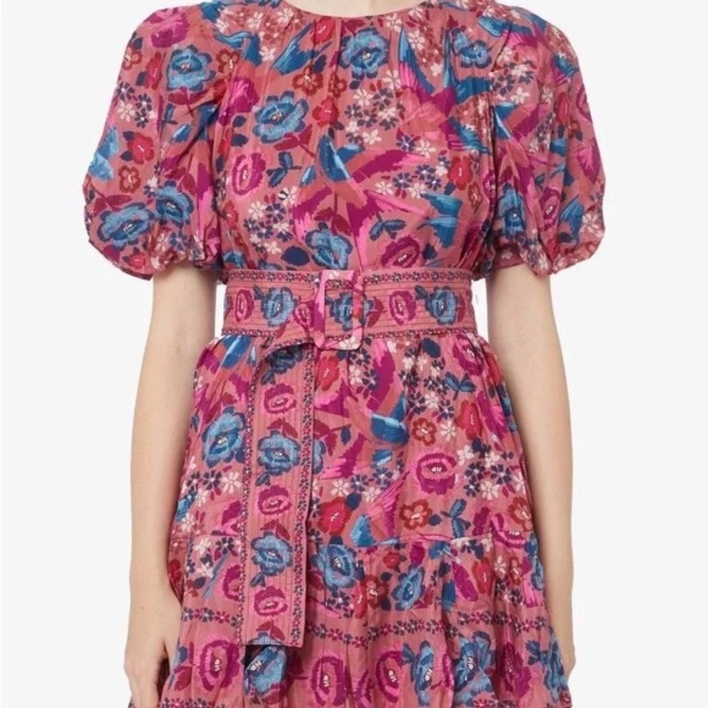 💥 FARM RIO Blush Floral Bird Mini Dress w Belt Sz S - Picture 4 of 13
